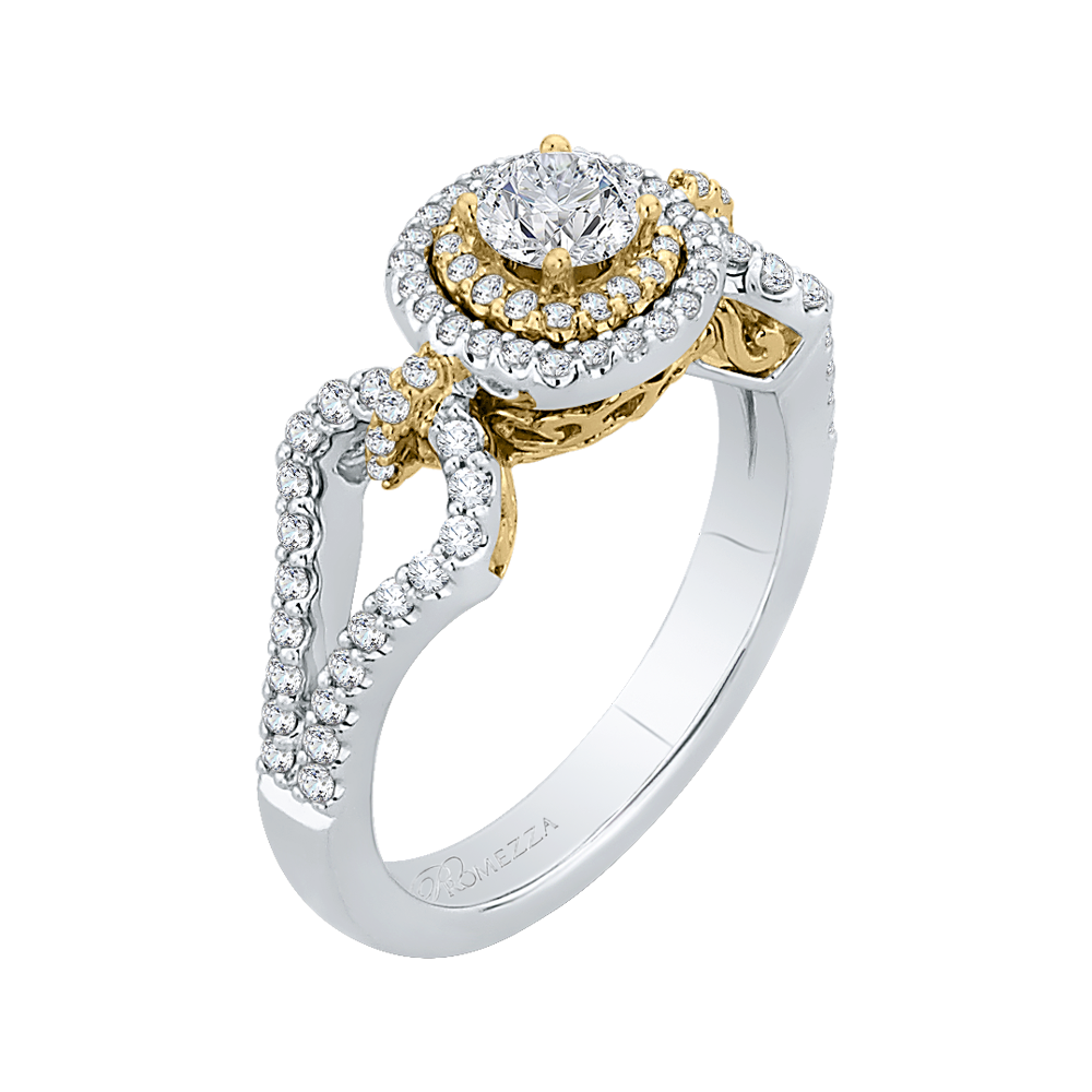 Split Shank Round Diamond Double Halo Engagement Ring in 14K Two Tone Gold