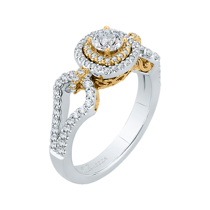 Split Shank Round Diamond Double Halo Engagement Ring in 14K Two Tone Gold