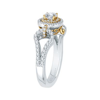 Split Shank Round Diamond Double Halo Engagement Ring in 14K Two Tone Gold