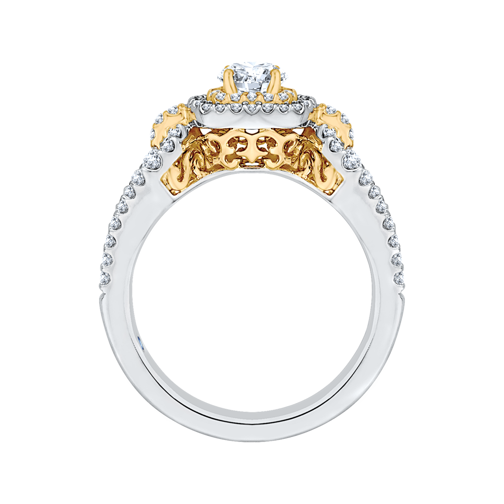 Split Shank Round Diamond Double Halo Engagement Ring in 14K Two Tone Gold