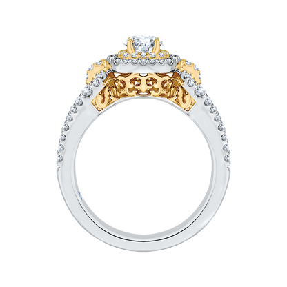 Split Shank Round Diamond Double Halo Engagement Ring in 14K Two Tone Gold