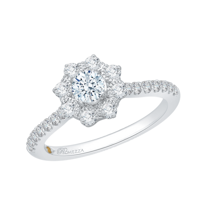 Diamond Floral Halo Engagement Ring in 14K White Gold