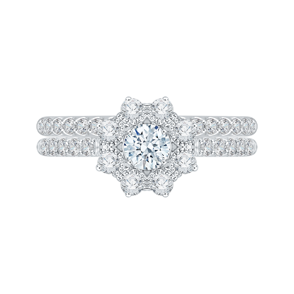 Diamond Floral Halo Engagement Ring in 14K White Gold