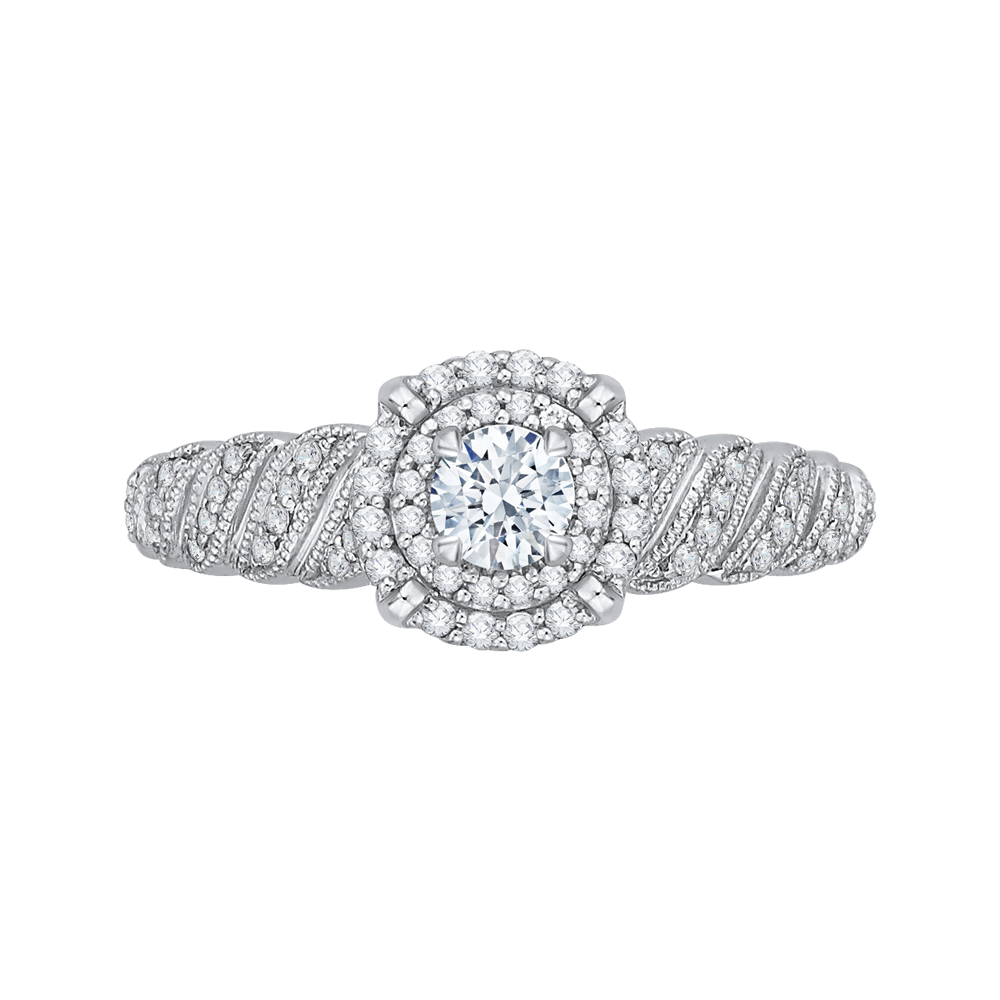 Round Diamond Double Halo Floral Engagement Ring in 14K White Gold