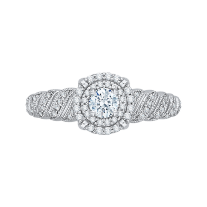 Round Diamond Double Halo Floral Engagement Ring in 14K White Gold