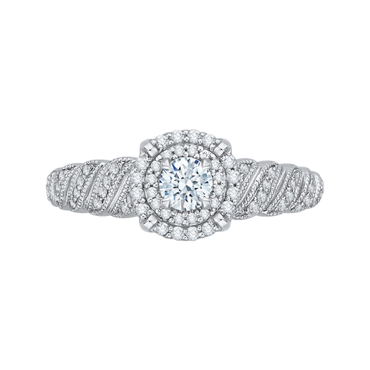 Round Diamond Double Halo Floral Engagement Ring in 14K White Gold