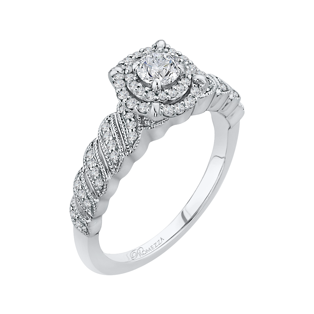 Round Diamond Double Halo Floral Engagement Ring in 14K White Gold