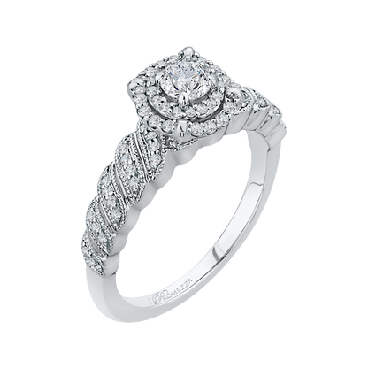 Round Diamond Double Halo Floral Engagement Ring in 14K White Gold