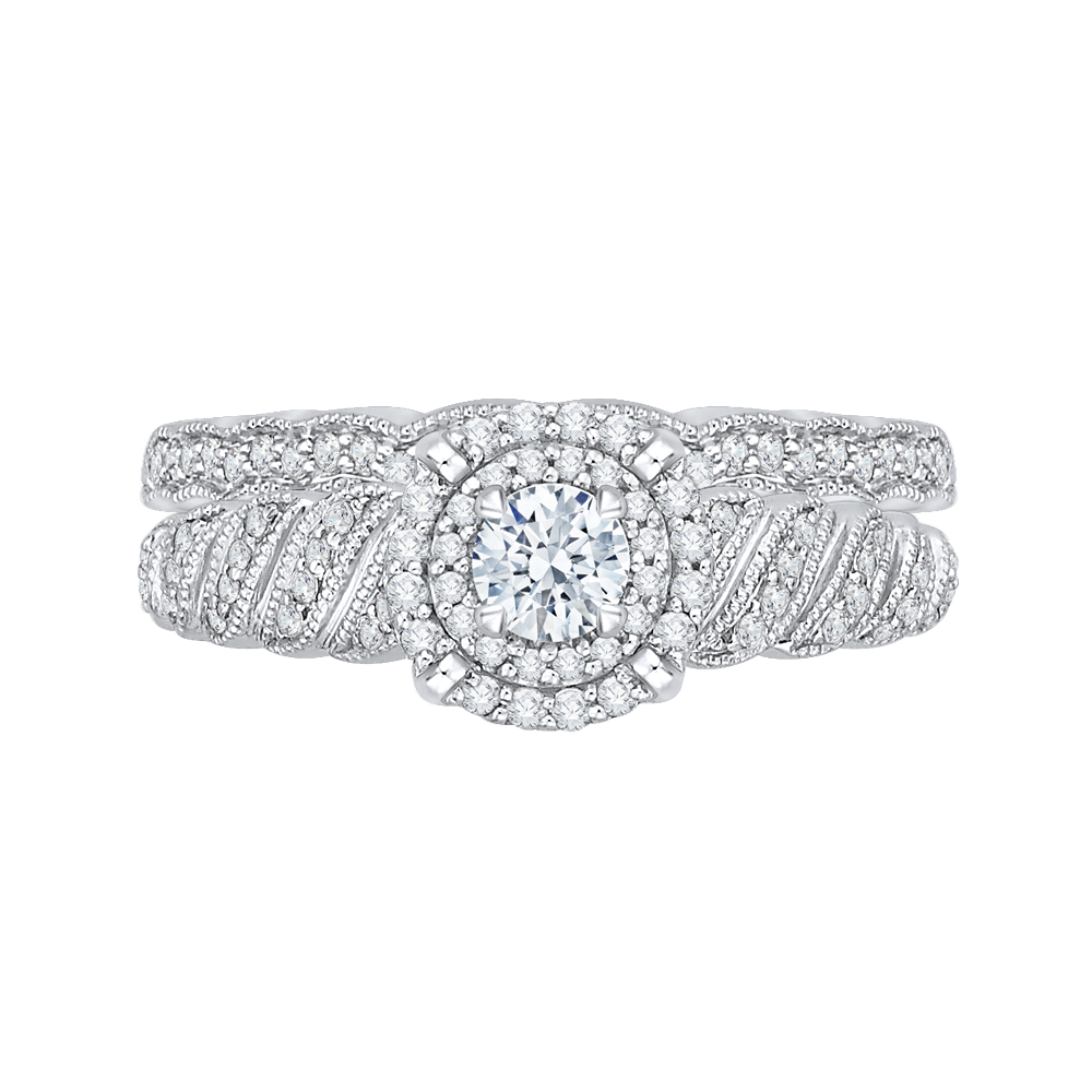 Round Diamond Double Halo Floral Engagement Ring in 14K White Gold