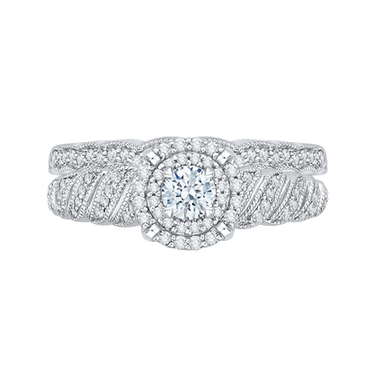 Round Diamond Double Halo Floral Engagement Ring in 14K White Gold