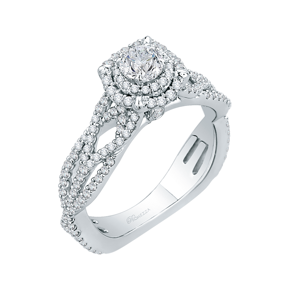 Split Shank Round Diamond Halo Engagement Ring in 14K White Gold