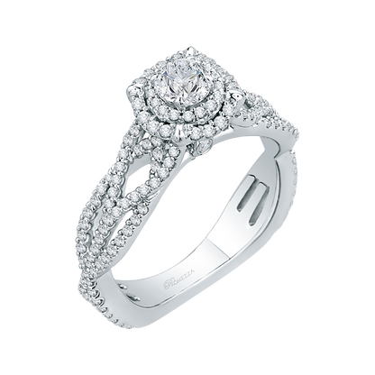 Split Shank Round Diamond Halo Engagement Ring in 14K White Gold