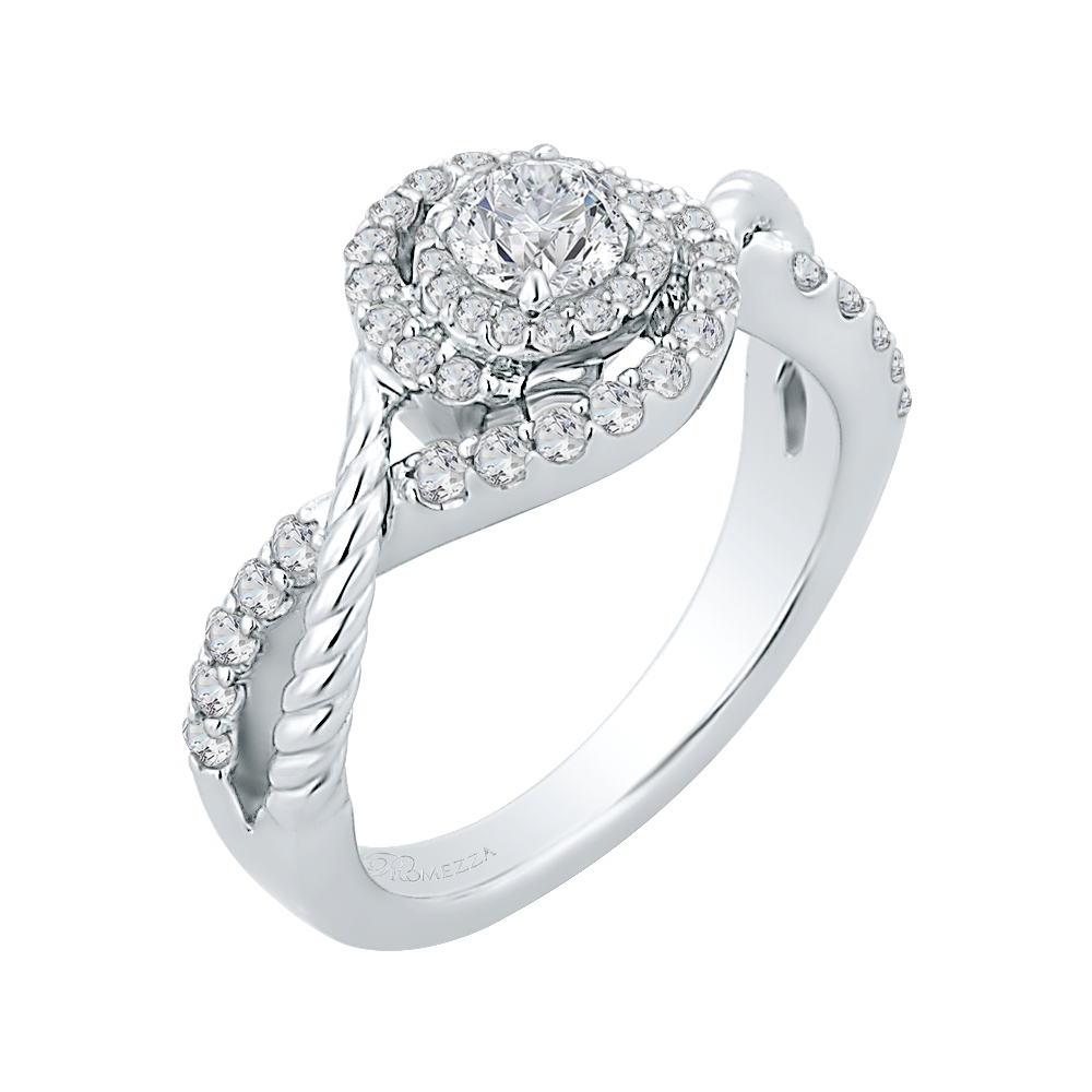 Round Diamond Criss-Cross Halo Engagement Ring in 14K White Gold