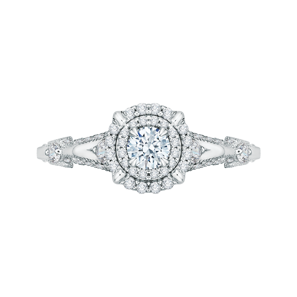 Round Diamond Double Halo Vintage Engagement Ring in 14K White Gold