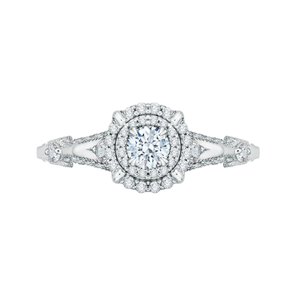 Round Diamond Double Halo Vintage Engagement Ring in 14K White Gold