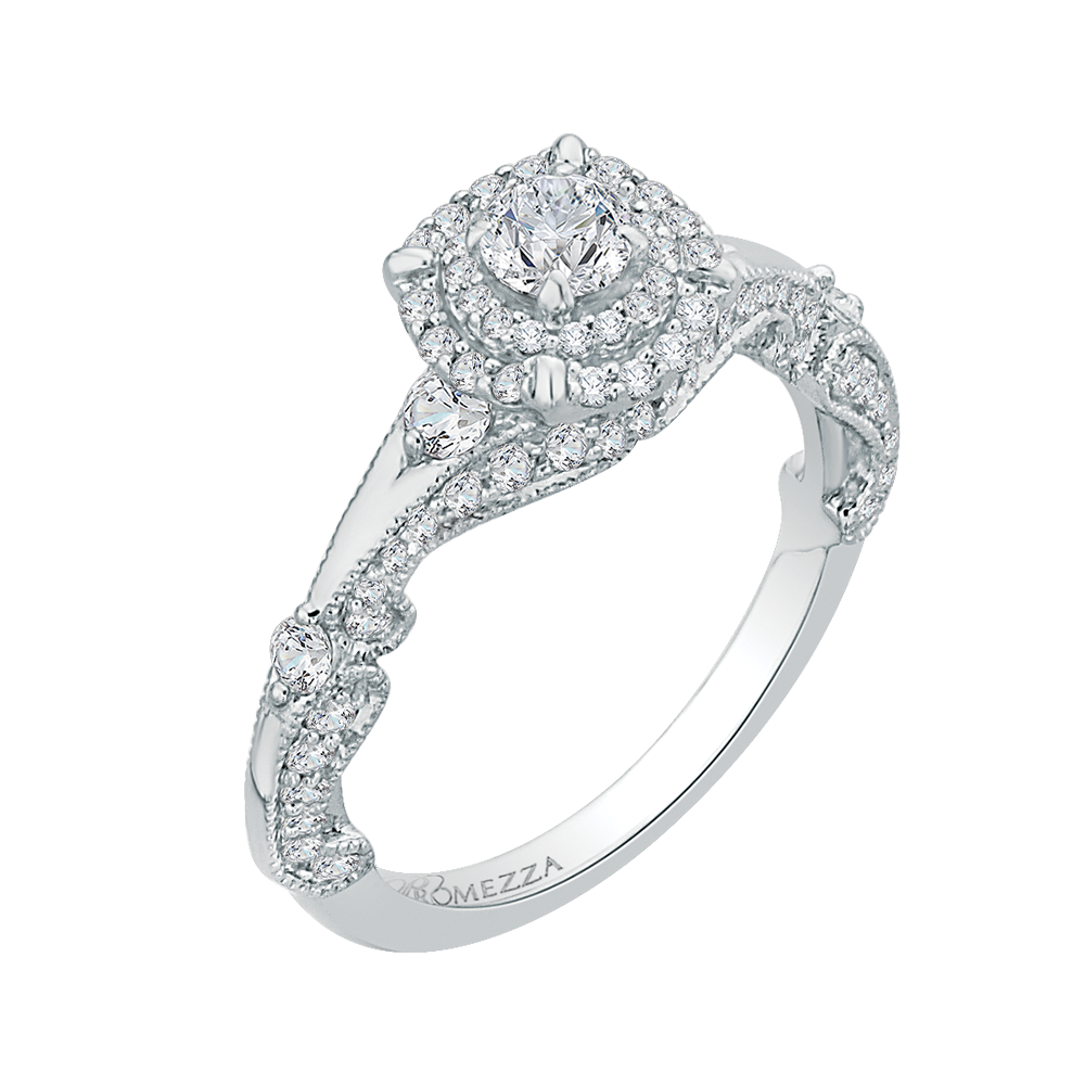 Round Diamond Double Halo Vintage Engagement Ring in 14K White Gold