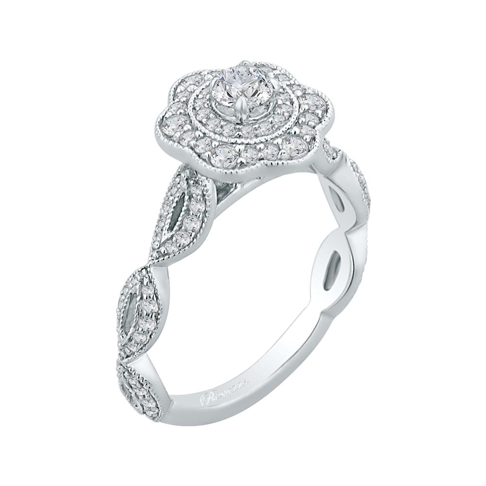 Round Diamond Floral Halo Engagement Ring in 14K White Gold