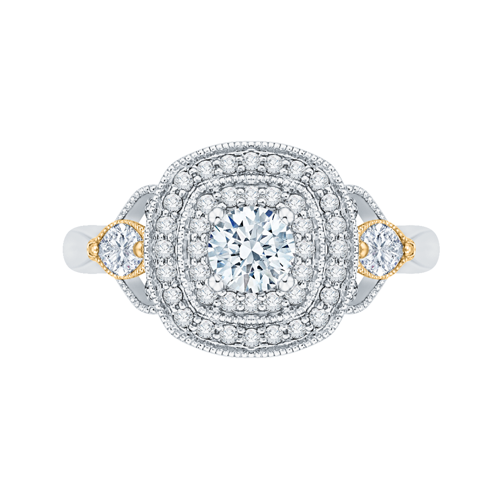 Round Diamond Double Halo Engagement Ring in 14K Two Tone Gold