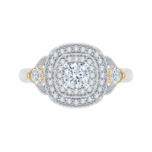 Round Diamond Double Halo Engagement Ring in 14K Two Tone Gold