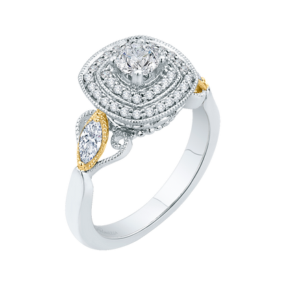 Round Diamond Double Halo Engagement Ring in 14K Two Tone Gold