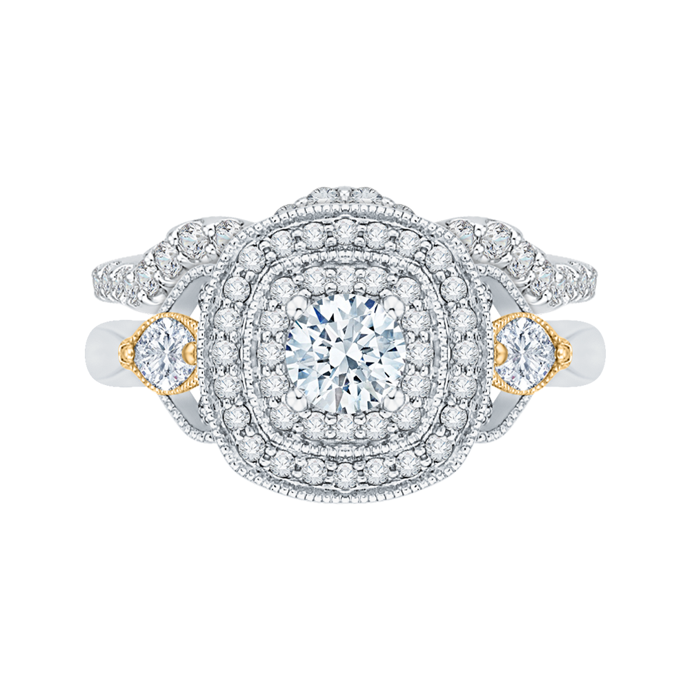 Round Diamond Double Halo Engagement Ring in 14K Two Tone Gold