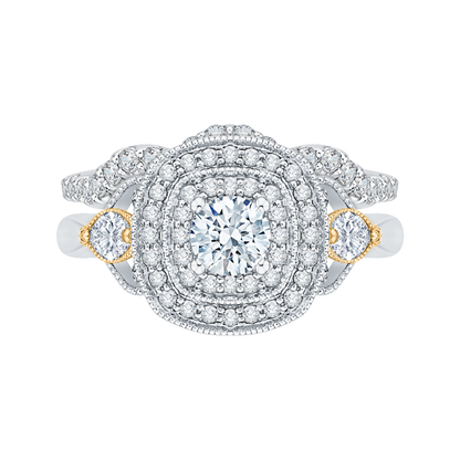 Round Diamond Double Halo Engagement Ring in 14K Two Tone Gold