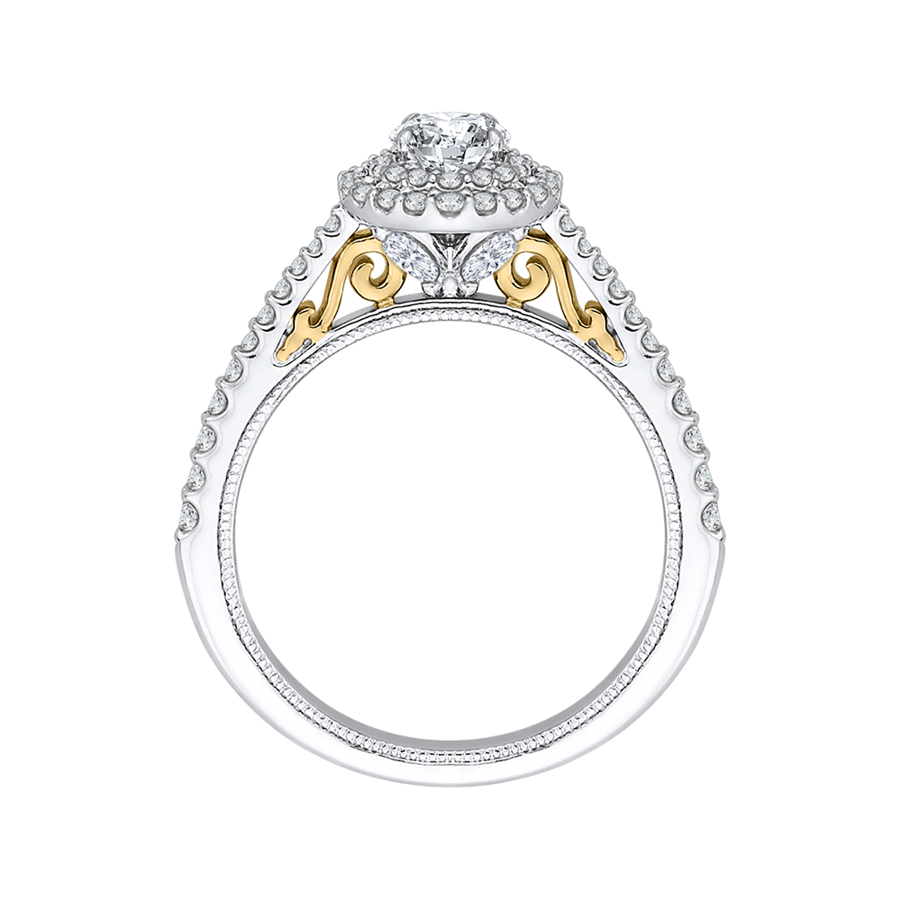 Round Diamond Double Halo Engagement Ring in 14K Two Tone Gold