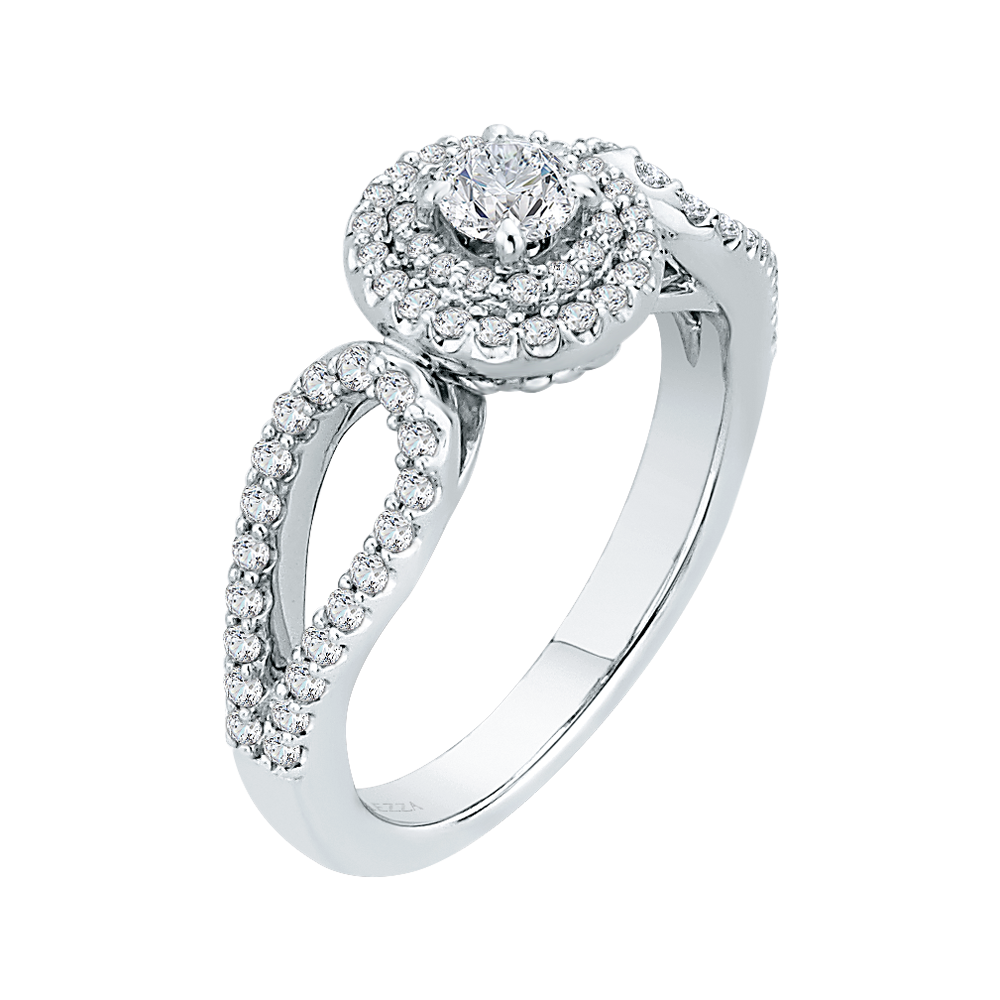 Split Shank Round Diamond Double Halo Engagement Ring in 14K White Gold