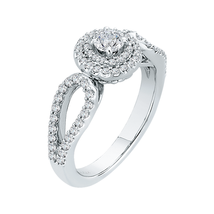 Split Shank Round Diamond Double Halo Engagement Ring in 14K White Gold