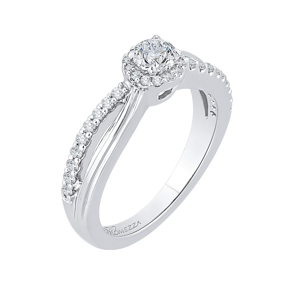 Split Shank Round Diamond Halo Engagement Ring in 14K White Gold