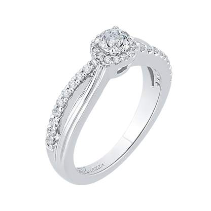 Split Shank Round Diamond Halo Engagement Ring in 14K White Gold