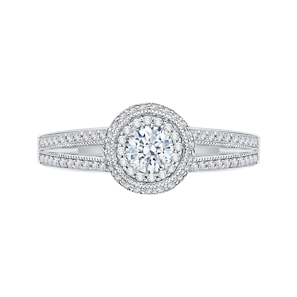 Split Shank Round Diamond Double Halo Engagement Ring in 14K White Gold