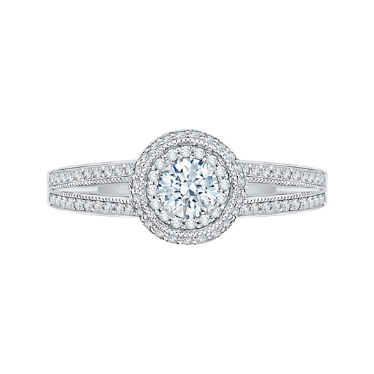 Split Shank Round Diamond Double Halo Engagement Ring in 14K White Gold