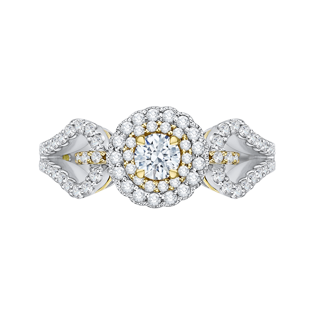 Round Diamond Double Halo Engagement Ring in 14K Two Tone Gold