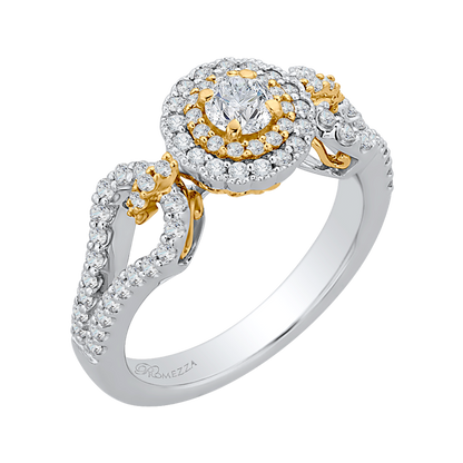 Round Diamond Double Halo Engagement Ring in 14K Two Tone Gold