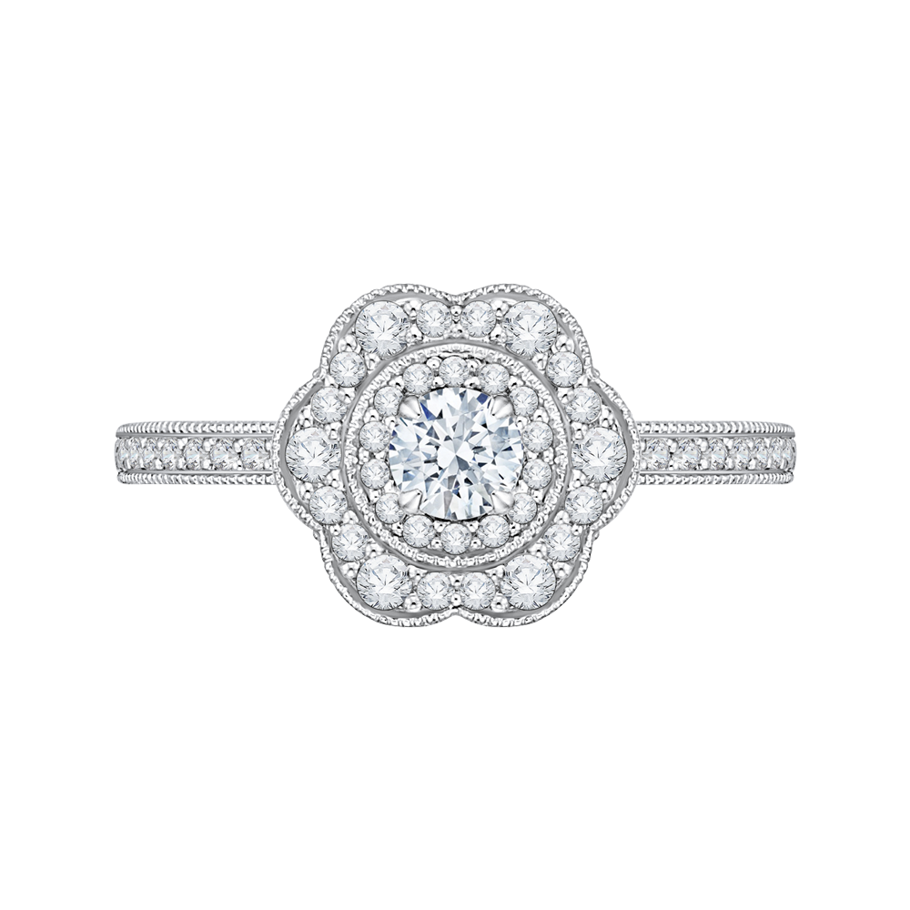 Round Diamond Floral Halo Engagement Ring in 14K White Gold