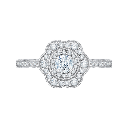 Round Diamond Floral Halo Engagement Ring in 14K White Gold