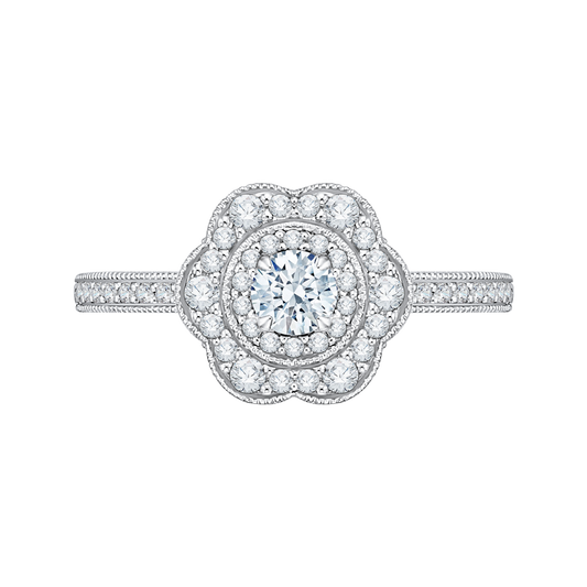 Round Diamond Floral Halo Engagement Ring in 14K White Gold