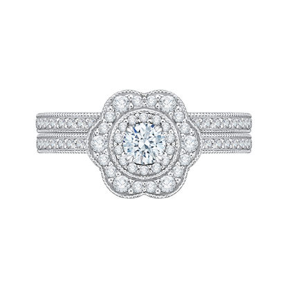 Round Diamond Floral Halo Engagement Ring in 14K White Gold