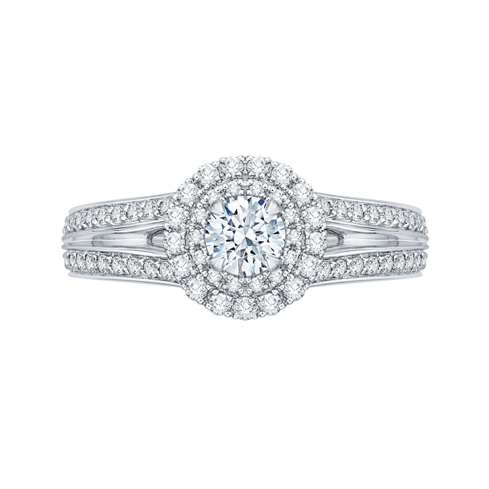 Split Shank Round Diamond Double Halo Engagement Ring in 14K White Gold