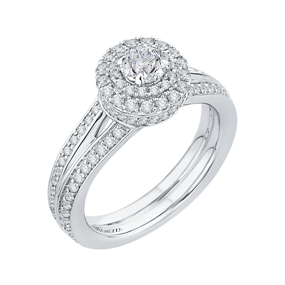 Split Shank Round Diamond Double Halo Engagement Ring in 14K White Gold