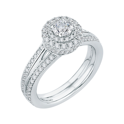 Split Shank Round Diamond Double Halo Engagement Ring in 14K White Gold