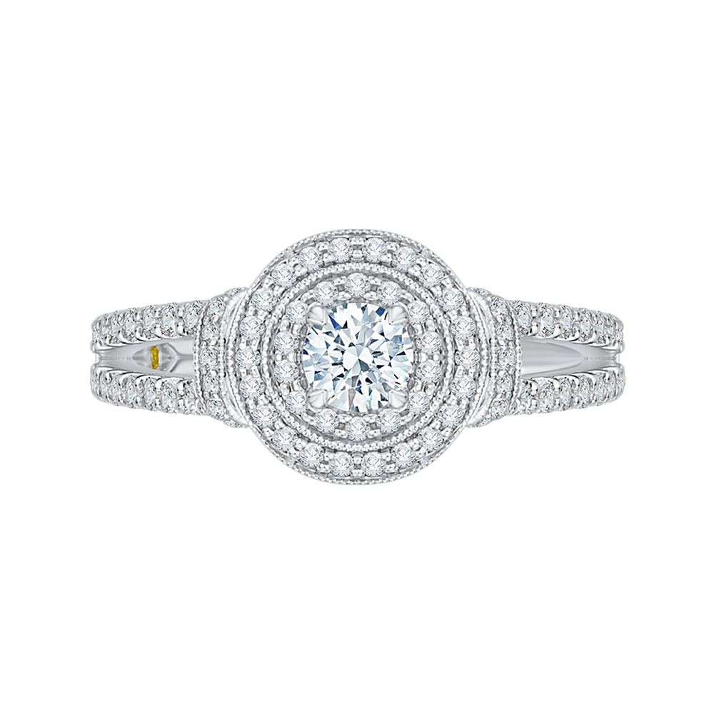 Split Shank Round Diamond Double Halo Engagement Ring in 14K White Gold