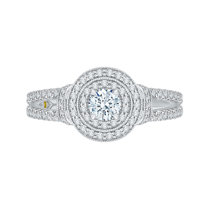 Split Shank Round Diamond Double Halo Engagement Ring in 14K White Gold