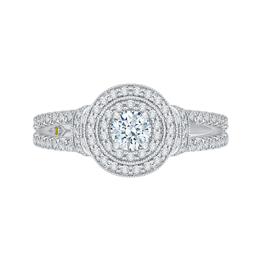 Split Shank Round Diamond Double Halo Engagement Ring in 14K White Gold