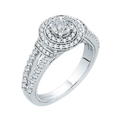 Split Shank Round Diamond Double Halo Engagement Ring in 14K White Gold