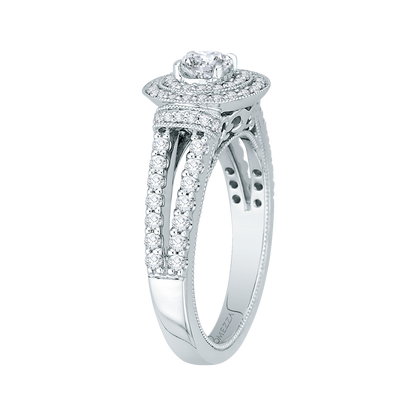 Split Shank Round Diamond Double Halo Engagement Ring in 14K White Gold