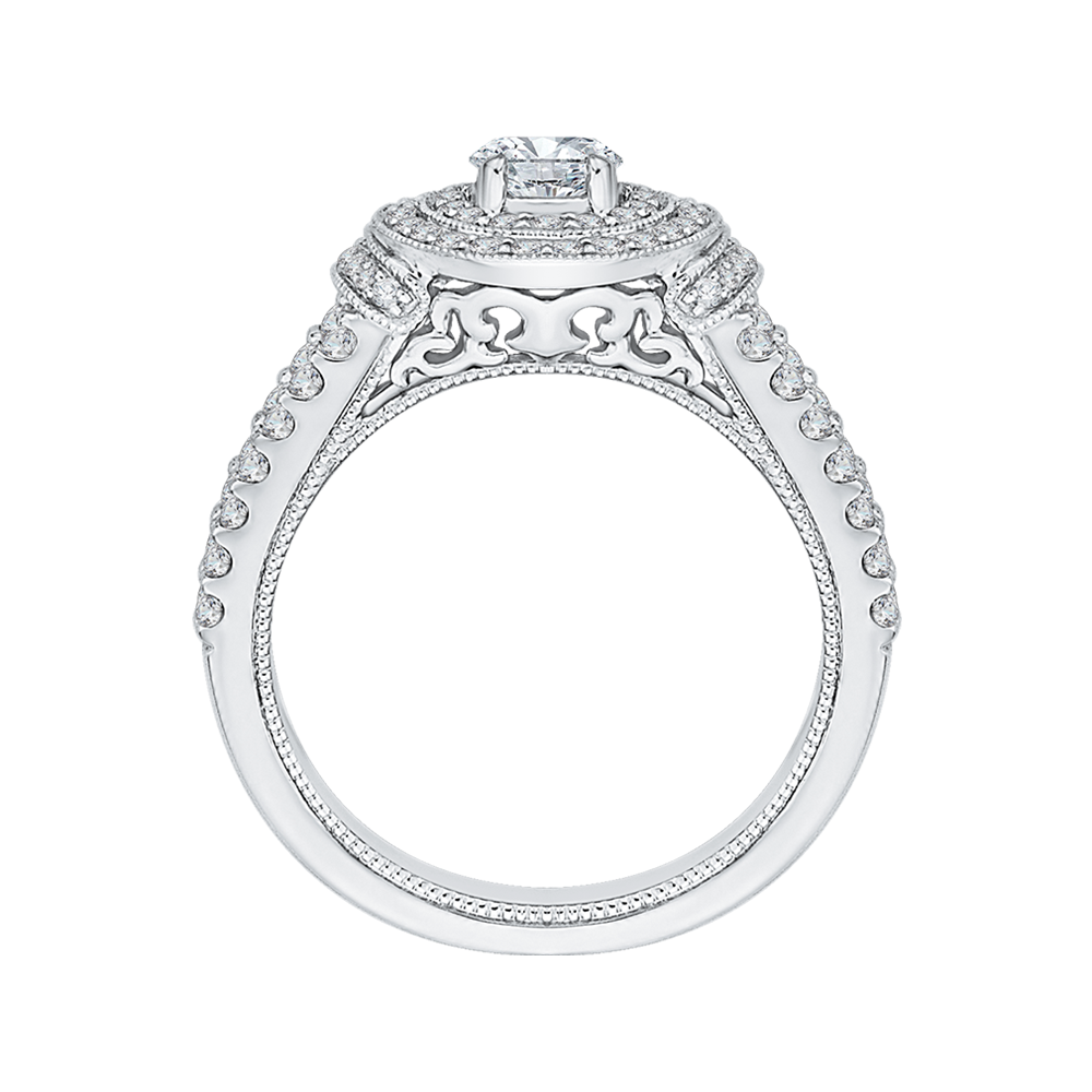 Split Shank Round Diamond Double Halo Engagement Ring in 14K White Gold