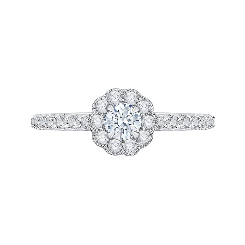 Round Halo Diamond Floral Engagement Ring in 14K White Gold