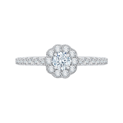 Round Halo Diamond Floral Engagement Ring in 14K White Gold